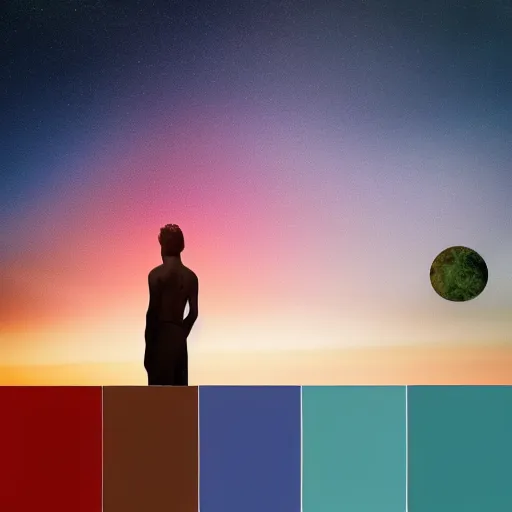 Image similar to A picture of a planet of various colors and plants, in which the human figure is dressed in something magical and impressive, inside the picture is infinity, sunset light, Atmospheric phenomenon, artistic photography, muted colors, conceptual