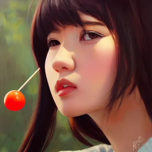 Image similar to oil painting by ilya kuvshinov,, baugh casey, rhads, coby whitmore, of a youthful japanese beauty, long hair, holding lolipop, outdoors, highly detailed, breathtaking face, studio photography, dawn, intense subsurface scattering, blush, supple look, innocence, intense sunlight