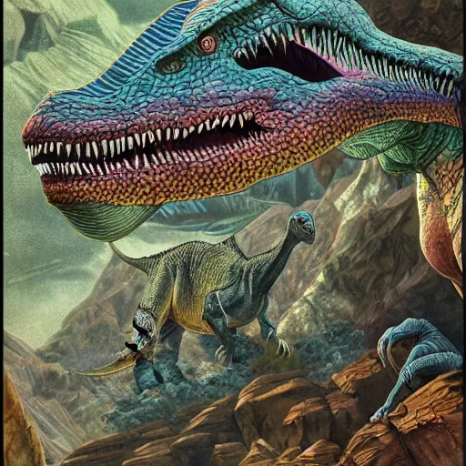 Prompt: dinosaur, detailed 1 9 2 0 ’ s colored pencil, highly detailed, highly accurate, deep aesthetic, 8 k, highly ornate intricate details, cinematic lighting, rich colors, ray tracing, hyperrealistic, photorealistic, cinematic landscape, trending on artstation,