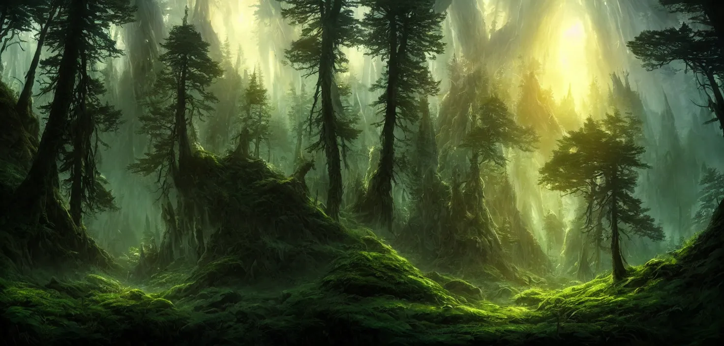 Prompt: deep forest closeup zoom. fantasy backdrop. concept art. realistic illustration. video game digital cg artwork background. nature scenery, cinematic view, epic sky, detailed, concept art, low angle, high detail, warm lighting, volumetric, godrays, vivid, beautiful, trending on artstation, by jordan grimmer, huge scene, grass, art greg rutkowski