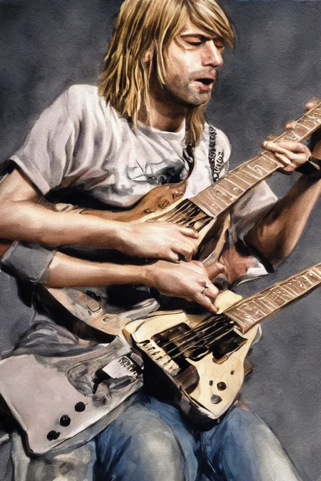 Prompt: Kurt Cobain playing the guitar, photorealistic, 4K