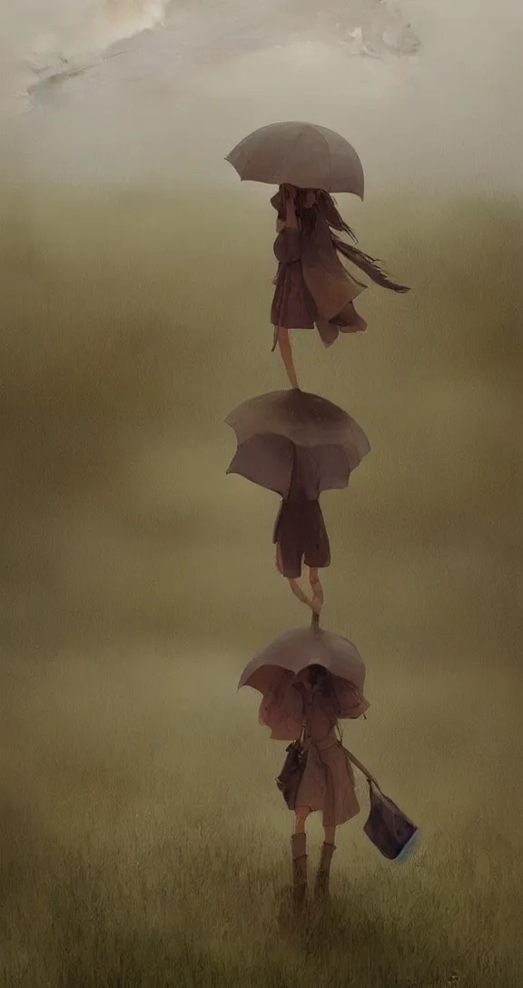 Image similar to Holding an umbrella in a thunderstorm in the prairie, pretty, by Studio Ghibli and Greg Rutkowski, artstation