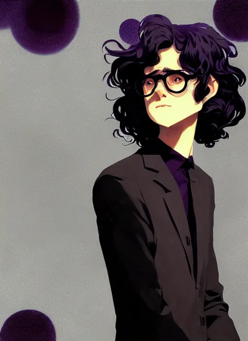 Prompt: highly detailed closeup portrait of cool black hair shaggy, long hair glasses teen boy, wavy hair, black suit by atey ghailan, by greg rutkowski, by greg tocchini, by james gilleard, by joe fenton, by kaethe butcher, gradient dark purple, galaxy, black and white color scheme, grunge aesthetic!!! ( ( graffiti tag wall background ) )