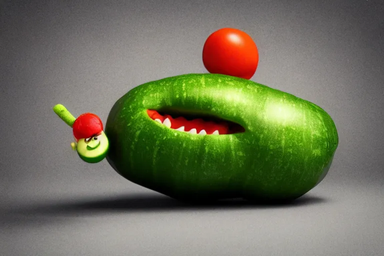 Image similar to detailed 3 d render of a mad zucchini with a long sword chasing after a panicking tomato, hyper realistic octane render, dramatic lighting, high speed chase, wide angle, nightmare, adult pixar surrealism