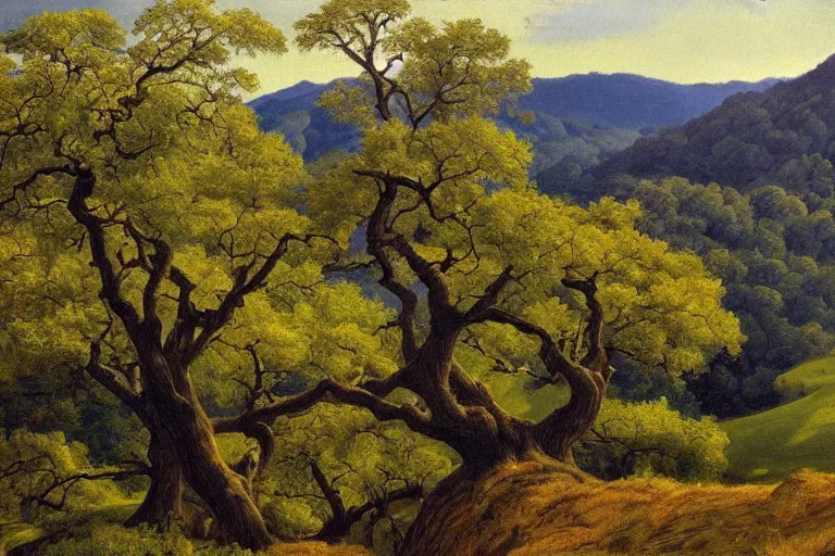 Prompt: masterpiece painting of oak trees on a hillside overlooking a creek, dramatic lighting, by edward okun