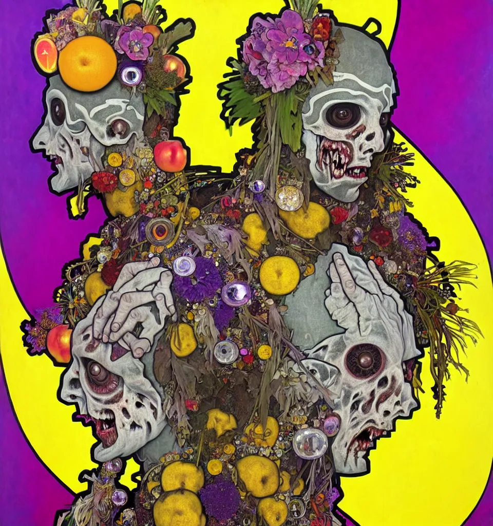 Prompt: bodyshot of a trickster nature spirit, leather jacket, zombie rock star, head made of fruits and crystals and flowers in the style of guiseppe arcimboldo, art by alphonse mucha, deep focus, mystical, surreal, detailed, pop art, gray and yellow and purple, rainbow stripe background
