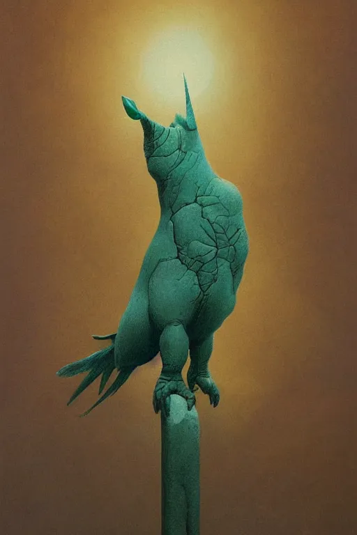 Prompt: painting of cross between parrot & rhino, intercrossed animal, by zdzislaw beksinski, by tiffany bozic, cold hue's, warm tone gradient background, concept art, beautiful composition, digital painting,