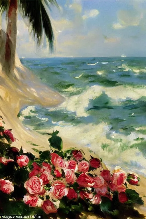 Image similar to the sun shining in the background, beach, spray of roses on the sea surface, a palm, painting by john singer sargent