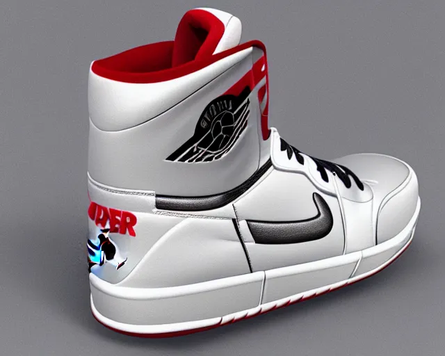 Prompt: 3D render of mid height air jordan sneakers the design of the joker, cinematic, studio lighting, award winning