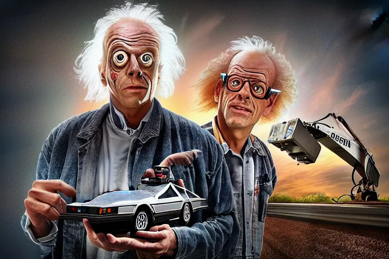 Image similar to doc brown, christopher lloyd working construction, building a delorean, back to the future, in the style of erik johansson