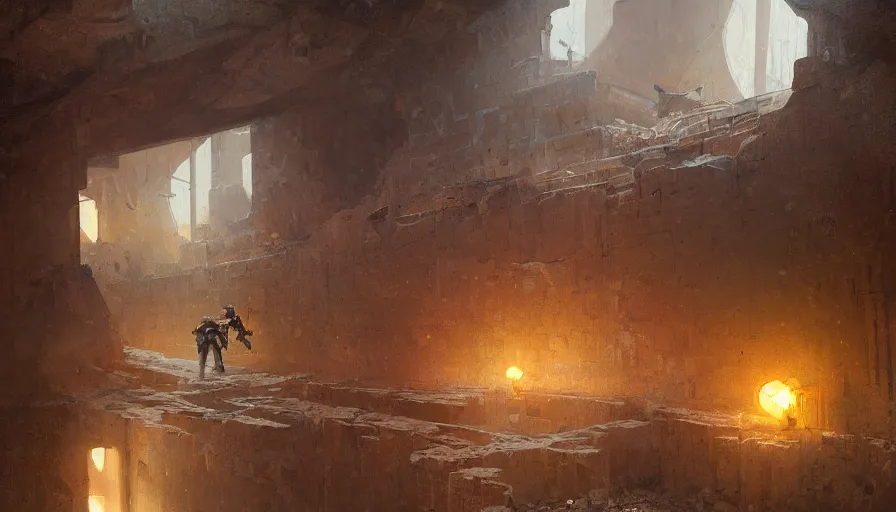 Image similar to a beautiful painting of a mine with exposed beams, pickaxes and a helmet with a broken light, warm colors by greg rutkowski and kalin popov, trending on artstation, masterpiece,