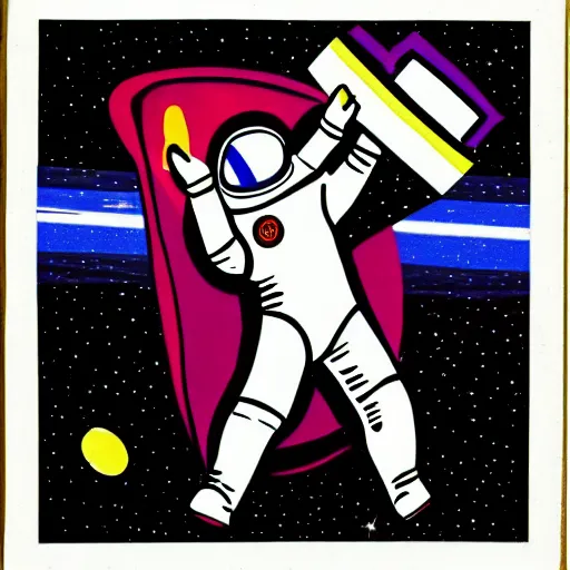 Image similar to pop art of an astronaut shooting himself out of a canon into space