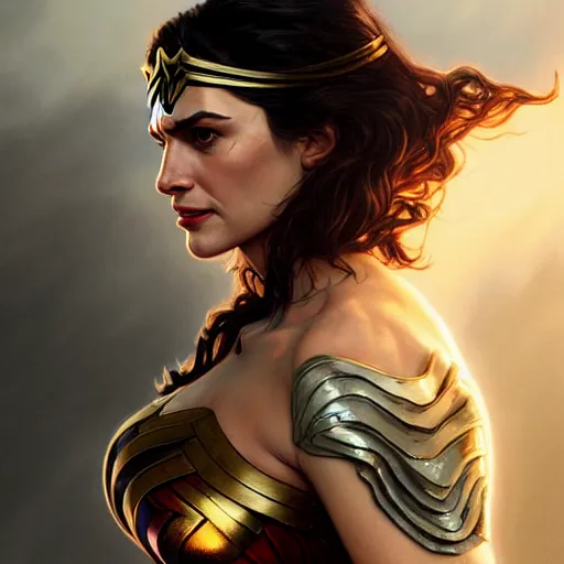 Prompt: Rachel Weisz as Wonder Woman, western, D&D, fantasy, intricate, elegant, highly detailed, digital painting, artstation, concept art, matte, sharp focus, illustration, art by Artgerm and Greg Rutkowski and Alphonse Mucha