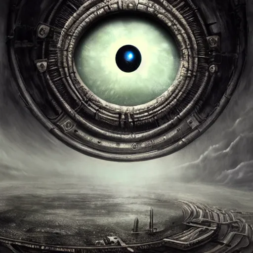 Image similar to a giant evil unblinking eye in an eldritch apocalyptic landscape by HR Giger, fantasy art, 4k, HDR, photorealistic, 8k, trending on artstation