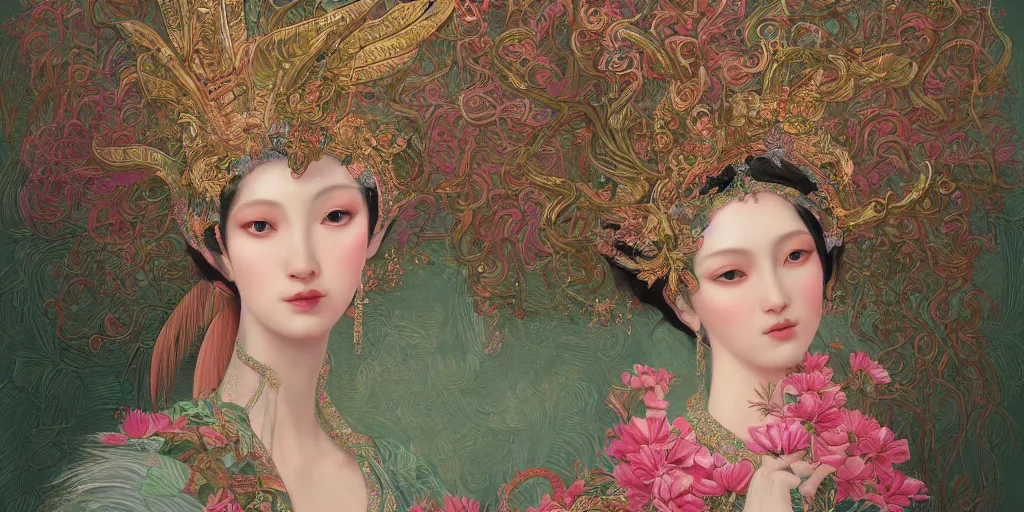 Image similar to breathtaking detailed concept art painting of the goddess of flamingo, orthodox saint, with anxious, piercing eyes, ornate background, amalgamation of leaves and flowers, by Hsiao-Ron Cheng and John James Audubon, extremely moody lighting, 8K