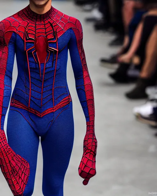 Image similar to hyperrealistic and heavy detailed 2321s Yeezy runway show of spiderman, Leica SL2 50mm, vivid color, high quality, high textured