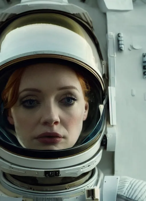 Image similar to photograph portrait of a very pretty!!! christina hendricks in interstellar, symmetric face, petzval lens. out of focus, in an astronaut costume. futuristic helmet with neck protection, space station. by alesio albi and george lucas and stanley kubrick