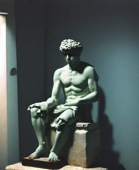 Prompt: an ancient greek statue listens to lo - fi on his vintage stereo in his neon lit vaporwave bedroom in japan. cinestill 8 0 0 t