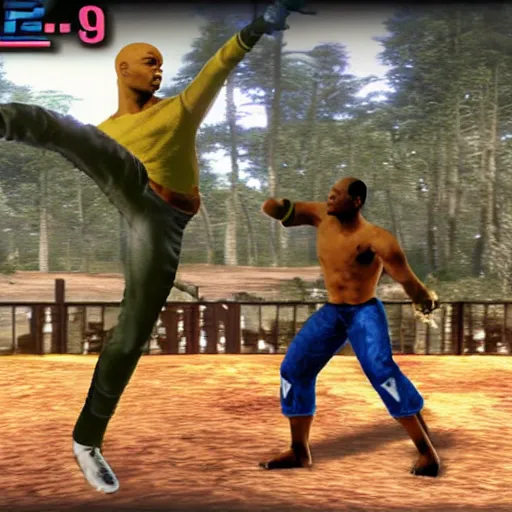 Prompt: attacking screenshot of anderson silva in tekken, ps 1 graphics, fighting game, forest, sd video, tekken playstation, health bar hud