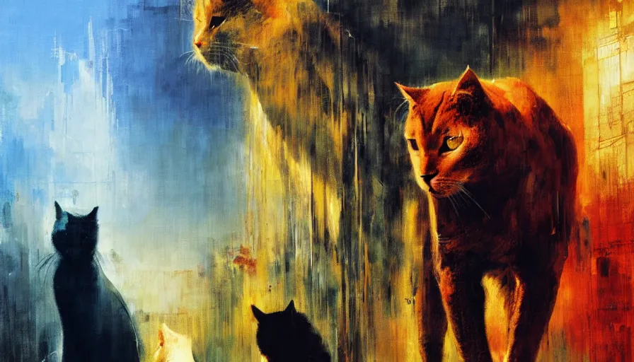 Image similar to contemporary semi abstract acrylic painting of really tall cats by william turner, by greg rutkowski, kessler art, thick brush strokes and visible paint layers, multicolor color scheme