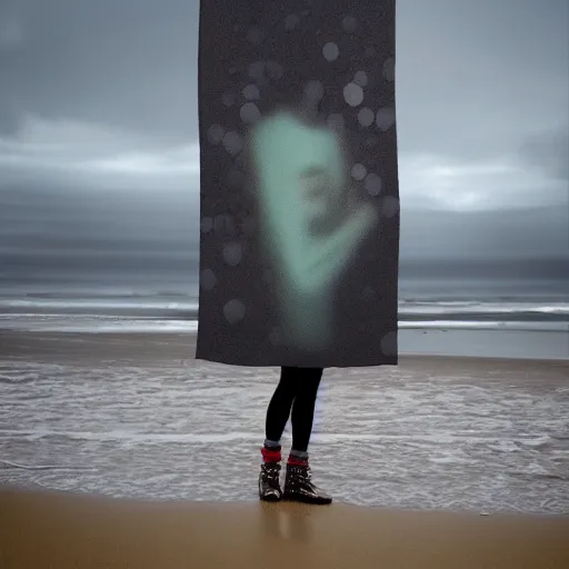 Image similar to glitch girl and very very tall monster wrapped in a blanket looks into the distance on the beach, in the rain, style of Hiroshi Sugimoto ,atmospheric,--ar 16:9