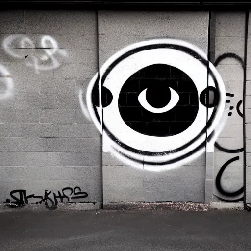 Image similar to wall with graffiti of man with one eye made with circles and lines
