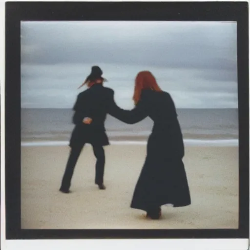 Image similar to 9 0 s polaroid photograph of a man and woman both wearing trenchcoats at night, dancing together on a beach during cloudy weather, vignette