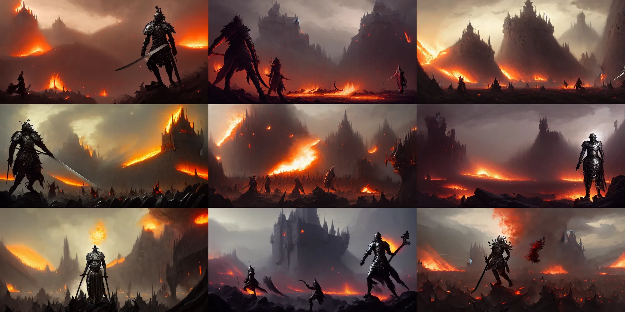 Image similar to male warrior silver armor, sword, fantasy, piles of bodies, fire, smoke clouds, particles, village castle on fire in distance, digital illustration, extreme long shot, ruan jia, greg rutkowski, raphael lacoste, wlop, yuumei, marc simonetti, artgerm, tom bagshaw