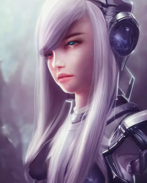 Image similar to detailed portrait of perfect android girl, warframe armor, beautiful face, scifi, futuristic, space station, laboratory, song hye - kyo, dreamy, long white hair, blue cyborg eyes, cinematic lighting, innocent, highly detailed, sharp focus, smooth, artstation, intricate, award winning, pure aura, divine, by akihiko yoshida