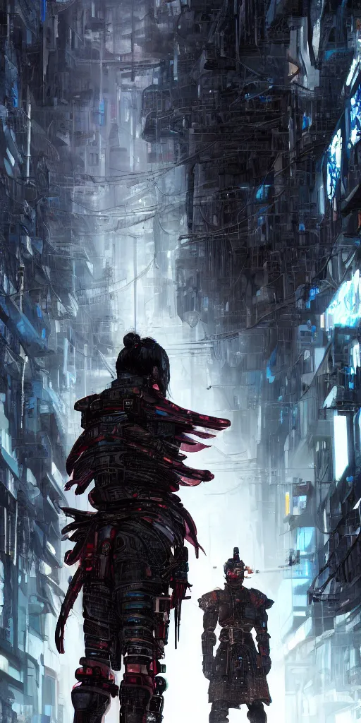 Prompt: Cyberpunk Samurai facing left in backdrop of cold alley, Artstation