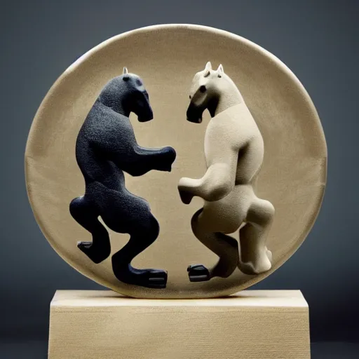 Prompt: ape and horse forming the shape of Tai Chi, YinYang shaped, super details