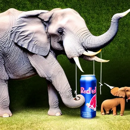 Image similar to a photo of a giant can of red bull with an elephant trying to drink it