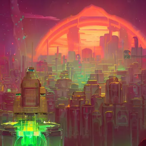 Image similar to an underwater city made of light matter built standing in the hands of a giant defunct robot mech and trying to save the planet one plant at a time, set in the distant future, plants, light prisms, rainbow diffraction, steampunk, cyberpunk, robots, warm lights, anime, vhs distortion, art style mimics starlight brigade by game grumps