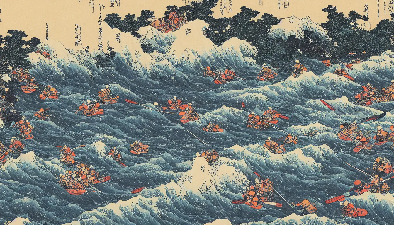 Prompt: river rafting expedition by hokusai