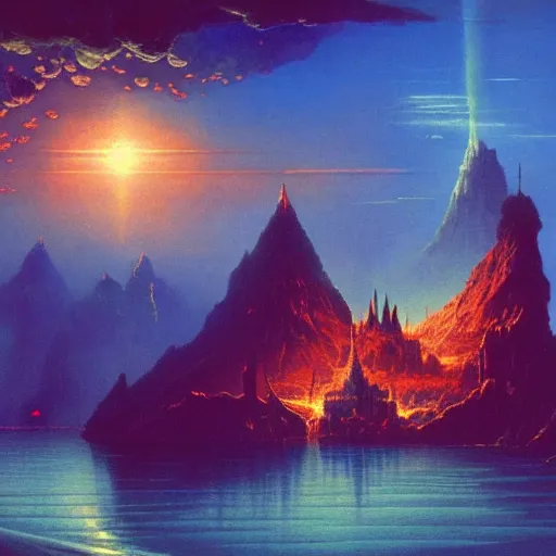 Prompt: a beautiful painting of a gothic castle atop a large volcano island surrounded by oceans illuminated by a star and nebula filled sky by Bruce Pennington and Thomas Cole, trending on artstation