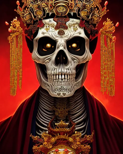 Image similar to portrait of skeleton emperor, glowing demonic energy crown, upper half portrait, decorated with chinese opera motifs, asian, bian lian, traditional chinese art, intricate, elegant, highly detailed, symmetry, digital painting, artstation, concept art, smooth, sharp focus, illustration, art by artgerm and greg rutkowski and alphonse mucha, 8 k