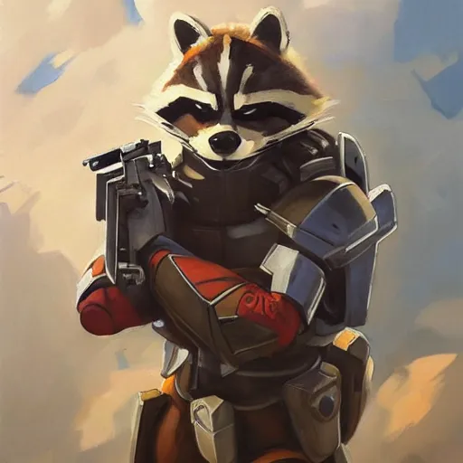 Image similar to greg manchess portrait painting of armored rocket raccoon as overwatch character, medium shot, asymmetrical, profile picture, organic painting, sunny day, matte painting, bold shapes, hard edges, street art, trending on artstation, by huang guangjian and gil elvgren and sachin teng