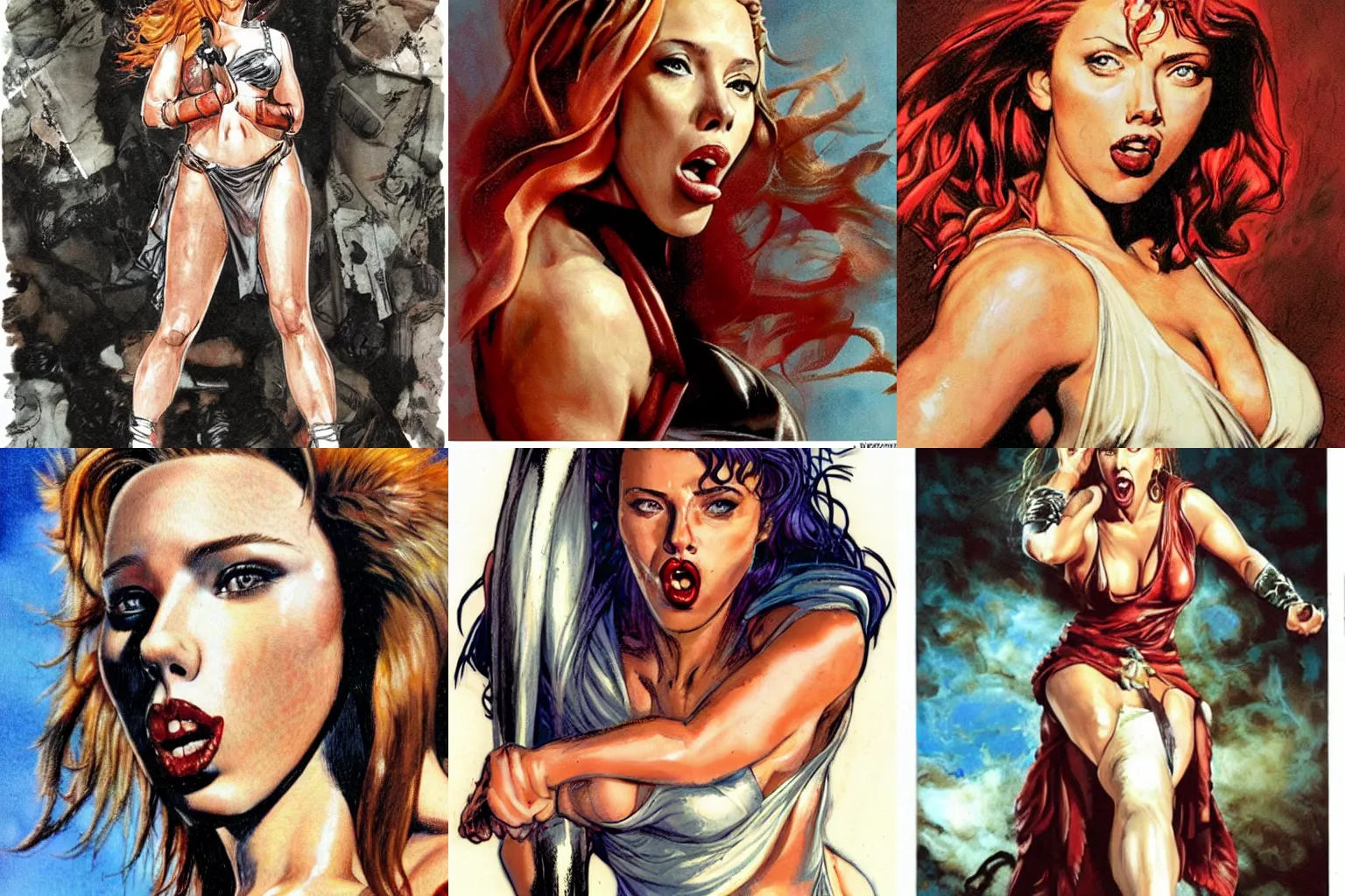 Prompt: by Simon Bisley, Scarlet Johansson as a beautiful Greek goddess, sticking her tongue out