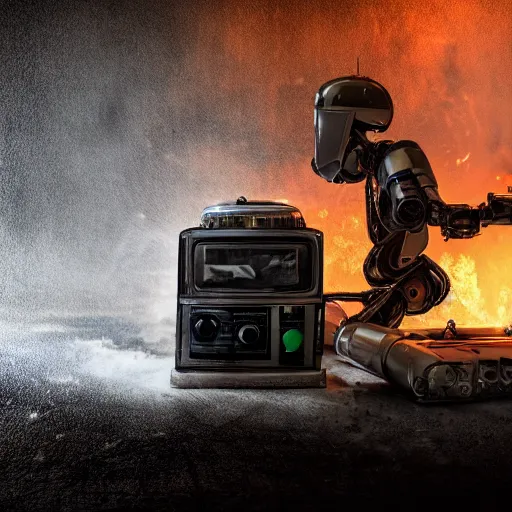 Image similar to toaster oven terminator robot, dark messy smoke - filled cluttered workshop, dark, dramatic lighting, orange tint, sparks, cinematic, highly detailed, sci - fi, futuristic, movie still