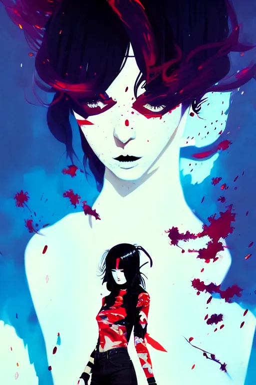 Image similar to a ultradetailed beautiful painting of a stylish goth girl, exploding background, by conrad roset, greg rutkowski and makoto shinkai trending on artstation