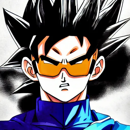 Prompt: portrait of goku from dragon ball wearing shades and a gold chain incredibly detailed, color, smooth, concept art, illustration,