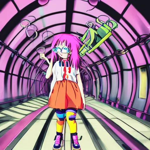 Prompt: anime girl with colorful clothes, eccentric hairstyle, cel - shading, 2 0 0 1 anime, flcl, jet set radio future, golden hour, underground facility, underground tunnel, pipes, rollerbladers, rollerskaters, cel - shaded, jsrf, strong shadows, vivid hues, y 2 k aesthetic