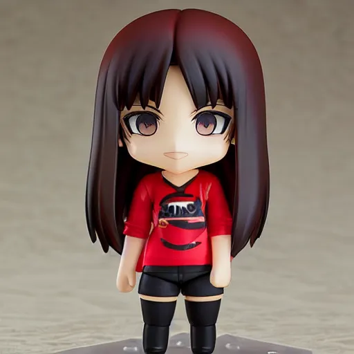 Image similar to nendoroid of a girl with a red sidecut, brown eyes and emo clothes