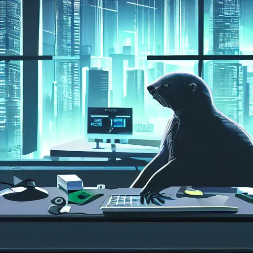 Image similar to a cyberpunk room, big windows overlooking a futuristic and neon city, in the middle of the room an otter typing on a computer terminal wearing big headphones, hyper realistic