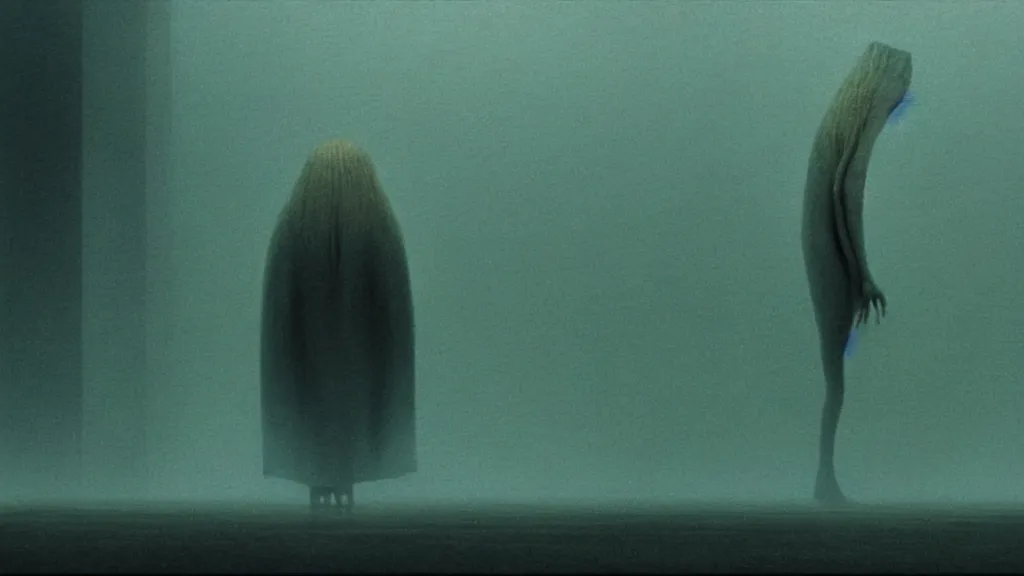 Image similar to the strange creature from my eye, we ait in line at the bank, film still from the movie directed by denis villeneuve and david cronenberg with art direction by salvador dali and zdzisław beksinski, wide lens