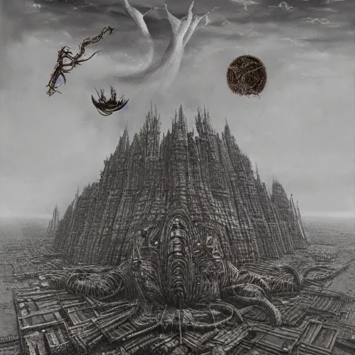 Prompt: a slithery beast levitates in the air, floating above a colossal ecumenopolis in ruins, illustrated by zdzisław beksinski, cgsociety, artist interpretation, artstation, contemporary art, 4 k, 8 k, artstation digital, artstation horror, trending on behance