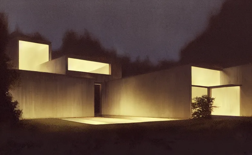 Image similar to An Exterior wide angle shot painting of a modern architecture House with neon lights by Peter zumthor and James Turrell, Craig Mullins ,Cinematic atmospheric sad and cinematic lighting, Trending on artstation, Archviz, Archdaily, Deezen, Design milk, Architectural visualisation