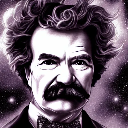 Image similar to mark twain stands at the edge of the universe, artgerm