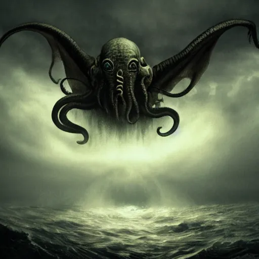 Prompt: cthulhu rising above the ocean, ominous, dark clouds, storm, lighting storm, lovecraft