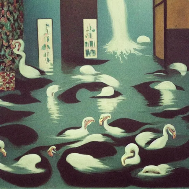 Image similar to tall female emo vegan socialist artist in their flooded apartment, painting of flood waters inside an artist's home, a river flooding indoors, pomegranates, pigs, ikebana, zen, water, octopus, river, rapids, waterfall, black swans, canoe, berries, acrylic on canvas, surrealist, by magritte and monet